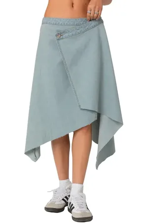 Edikted Asymmetric Wrap Denim Midi Skirt in at Nordstrom, Size X-Small