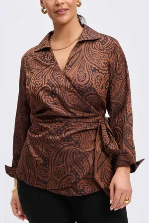 Foxcroft Salina Paisley Print Cotton Blend Wrap Shirt in at Nordstrom, Size 3X