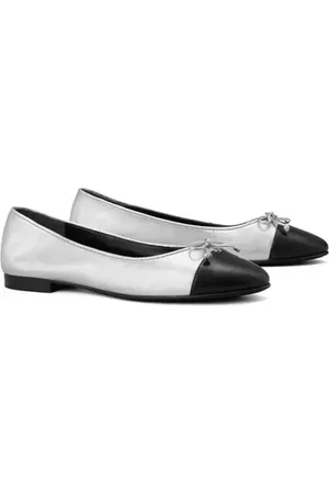Tory Burch Cap Toe Ballet Flat in Silver /Perfect Black at Nordstrom, Size 5