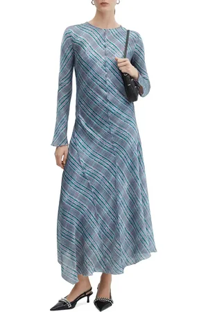 MANGO Check Print Seam Detail Long Sleeve Asymmetric Hem Dress in at Nordstrom, Size 4