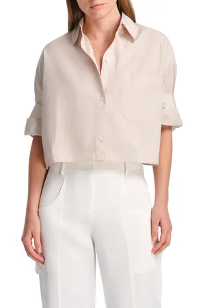 TWP Next Ex Pinstripe Cotton Button-Up Crop Shirt in Maple /White at Nordstrom, Size X-Small