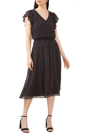 Chaussmoi Polka Dot Smock Waist Flutter Sleeve Midi Dress in at Nordstrom, Size Medium
