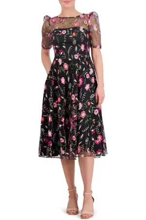 Eliza J Embroidered Illusion Neck Cocktail Midi Dress in at Nordstrom, Size 0