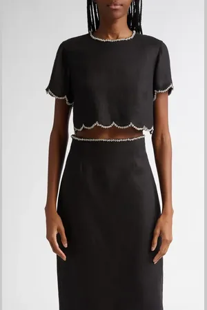 ZIMMERMANN Crystal Embellished Scalloped Linen Crop Top in at Nordstrom, Size 2