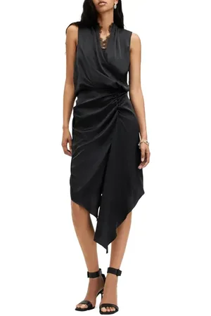 AllSaints Abi Lace Trim Gathered Asymmetric Dress in at Nordstrom, Size 0 Us