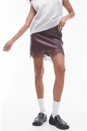 Topshop Lace Trim Faux Leather Miniskirt in at Nordstrom, Size 2 Us