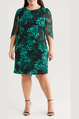 Connected Apparel Floral Chiffon Sleeve Sheath Dress in at Nordstrom, Size 24W