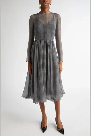 Dolce & Gabbana Glen Plaid Long Sleeve Silk Midi Dress in at Nordstrom, Size 12 Us