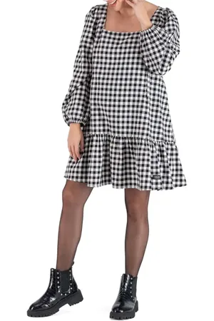 Cache Coeur Patti Checkered Balloon Long Sleeve Cotton Maternity Dress in at Nordstrom, Size Small