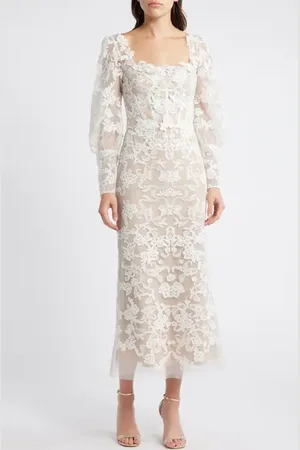 Marchesa Notte Corded Lace Long Sleeve Cocktail Dress in at Nordstrom, Size 8