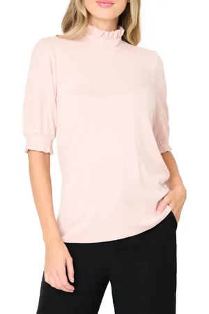 GIBSONLOOK Ruffle Mock Neck Puff Sleeve Sweater in at Nordstrom, Size X-Small