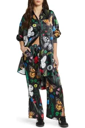 Dressed in Lala Posh Floral Oversize Satin Button-Up Shirt & Pants Set in at Nordstrom, Size Medium
