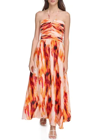 DKNY Tie Dye Halter Neck Satin Maxi Dress in at Nordstrom, Size Large