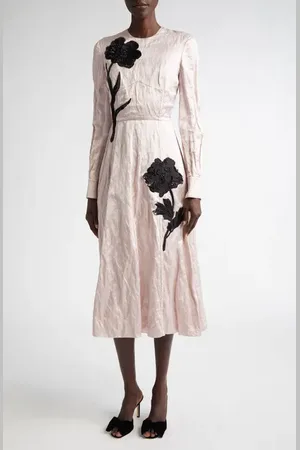 Erdem Embellished Rose Appliqu?? Long Sleeve Rumpled Satin Midi Dress in at Nordstrom, Size 2 Us