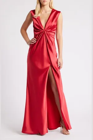 Amsale Twist Front Satin V-Neck Gown in at Nordstrom, Size 2