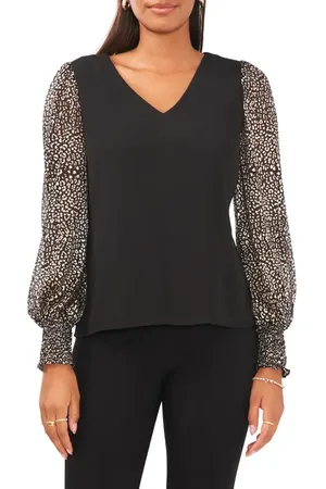 Chaussmoi V-Neck Smocked Cuff Blouse in at Nordstrom, Size Small