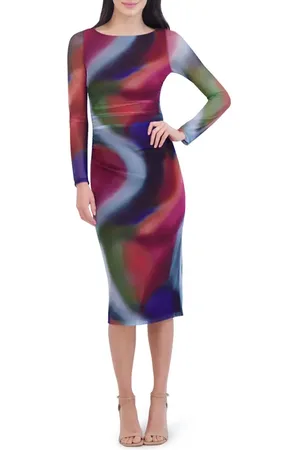 Vince Camuto Ruched Long Sleeve Mesh Midi Dress in at Nordstrom, Size 2
