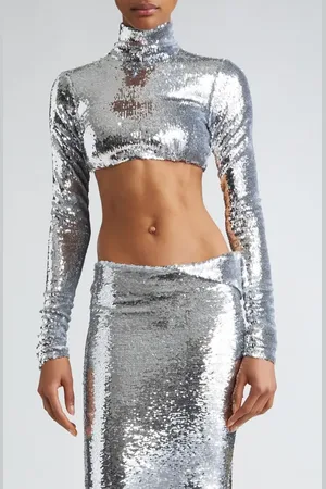 LAQUAN SMITH Sequin Mock Neck Crop Top in at Nordstrom, Size X-Small