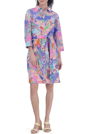 Foxcroft Rocca Paisley Belted Three-Quarter Sleeve Cotton Shirtdress in at Nordstrom, Size X-Small