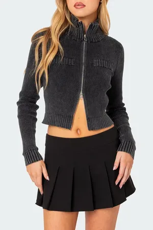 Edikted Torey Rib Cotton Zip Cardigan in at Nordstrom, Size X-Small