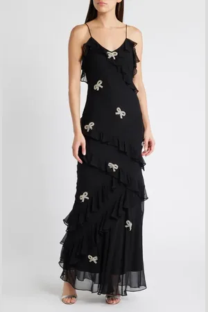 LOVESHACKFANCY Rialto Bow Embellished Ruffle Silk Dress in at Nordstrom, Size 0