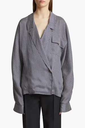 Khaite Garth Stripe Asymmetric Blazer in Navy /White at Nordstrom, Size X-Small