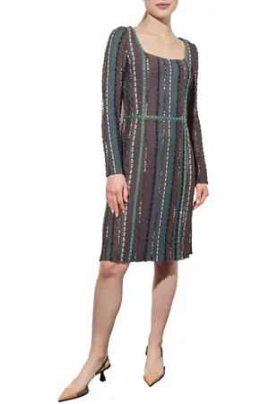 Ming Wang Multistitch Fringe Trim Long Sleeve Knit A-Line Dress in at Nordstrom, Size Large