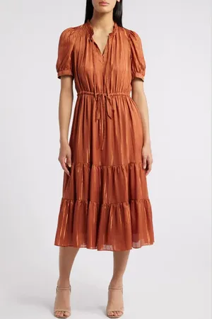 Julia Jordan Metallic Stripe Tiered Midi Dress in at Nordstrom, Size 2