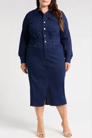 UNIVERSAL STANDARD Dakota Long Sleeve Denim Midi Shirtdress in at Nordstrom, Size 4Xl