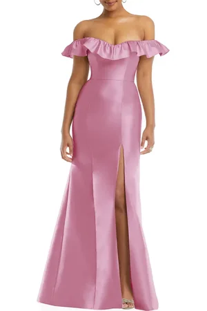 Alfred Sung Off the Shoulder Ruffle Satin Trumpet Gown in at Nordstrom, Size 0
