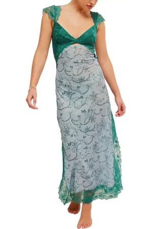 Free People Suddenly Fine Floral Print Cutout Lace Trim Nightgown in at Nordstrom, Size X-Large