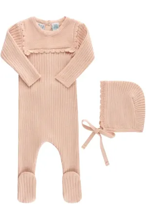 Feltman Brothers Ruffled Yoke Rib Footie & Bonnet Set in at Nordstrom, Size 0-3M