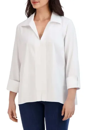 Foxcroft Agnes Split Cuff Popover Blouse in at Nordstrom, Size Large