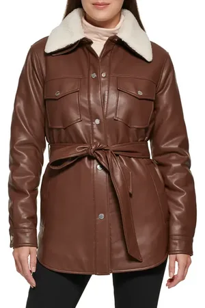 Kenneth Cole Faux Leather Tie Belt Shacket with Removable Faux Shearling Collar in at Nordstrom, Size X-Small
