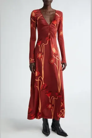 JOHANNA ORTIZ Nectar de Amapolla Long Sleeve Stretch Satin Midi Dress in at Nordstrom, Size 6