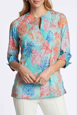 Foxcroft Vena Coral Print Cotton Tunic in at Nordstrom, Size 6