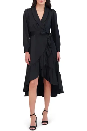 Vince Camuto Long Sleeve Faux Wrap Satin High-Low Dress in at Nordstrom, Size 4