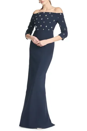 Sachin & Babi Amarette Crystal Detail Off the Shoulder Stretch Crepe Gown in at Nordstrom, Size 2