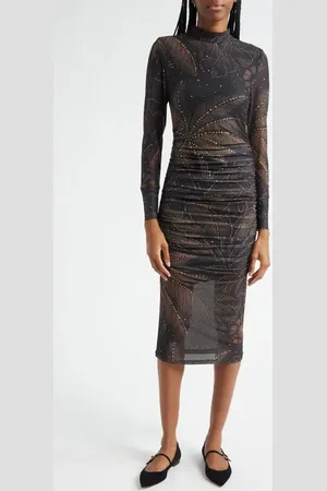 Farm Rio Golden Foliage Long Sleeve Tulle Midi Dress in at Nordstrom, Size X-Large