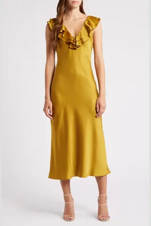 WAYF Lida Ruffle Cap Sleeve Satin Midi Dress in at Nordstrom, Size X-Small
