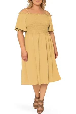 Standards & Practices Gabi Cold Shoulder Smocked Midi Dress in at Nordstrom, Size 1X