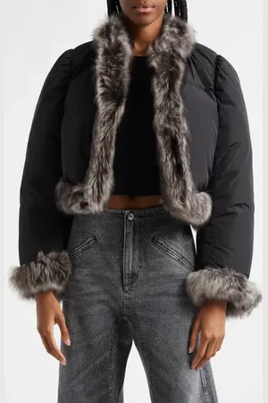 Alexander Wang Crop Puffer Jacket with Genuine Shearing Trim in at Nordstrom, Size X-Small