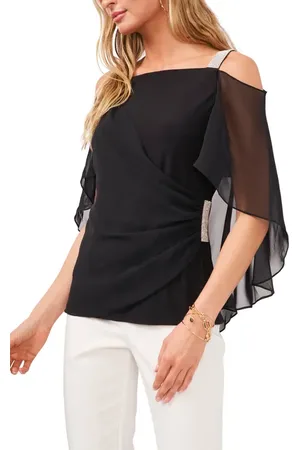 Chaussmoi Rhinestone Trim Cold Shoulder Chiffon Blouse in at Nordstrom, Size Medium