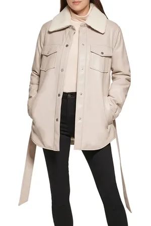 Kenneth Cole Faux Leather Tie Belt Shacket with Removable Faux Shearling Collar in at Nordstrom, Size X-Small