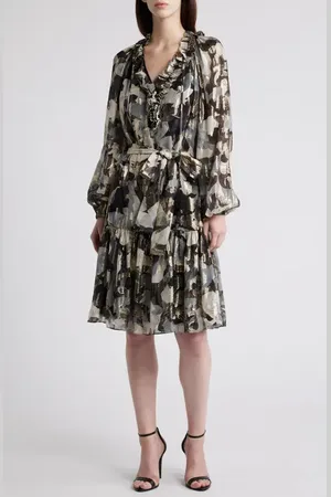 Kobi Halperin Jenson Metallic Ruffle Long Sleeve Silk Dress in at Nordstrom, Size X-Large