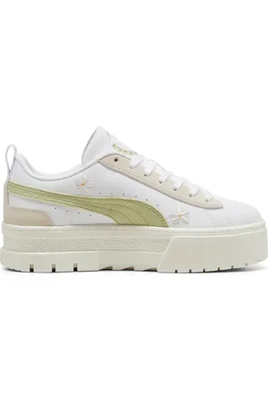 PUMA Mayze Floral Embroidery Platform Sneaker in White-Pistachio Green at Nordstrom, Size 8