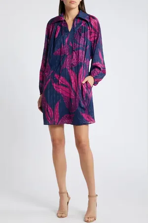 CIEBON Elisa Print Long Sleeve Shirtdress in at Nordstrom, Size X-Large