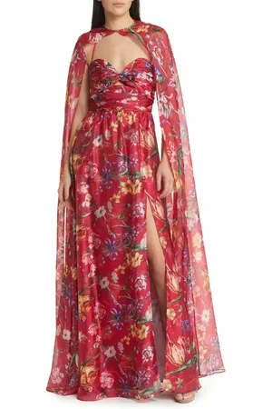 Marchesa Notte Floral Print Cape Gown in at Nordstrom, Size 12