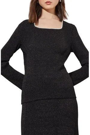 Ming Wang Imitation Pearl Collar Shimmer Rib Sweater in at Nordstrom, Size X-Small