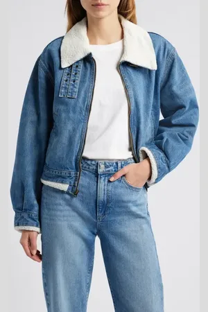 RE/DONE Faux Shearling Lined Denim Aviator Jacket in at Nordstrom, Size Medium